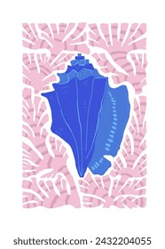 Underwater world, ocean, sea, fish and shells vertical flyer or poster template. Modern trendy Matisse minimal style.
