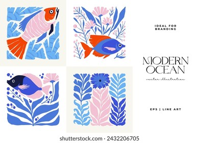 Underwater world, ocean, sea, fish and shells vertical flyer or poster template. Modern trendy Matisse minimal style. Hand drawn design for wallpaper, wall decor, print, postcard, cover, template.