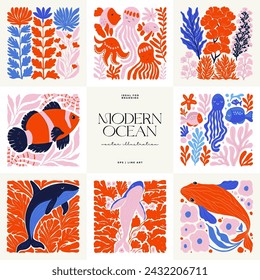Underwater world, ocean, sea, fish and shells vertical flyer or poster template. Modern trendy Matisse minimal style. Hand drawn design for wallpaper, wall decor, print, postcard, cover, template.