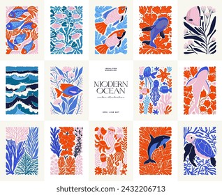 Underwater world, ocean, sea, fish and shells vertical flyer or poster template. Modern trendy Matisse minimal style. Hand drawn design for wallpaper, wall decor, print, postcard, cover, template.