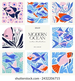 Unterwasserwelt, Ozean, Meer, Fische und Muscheln vertikale Flyer oder Plakatvorlage. Moderner trendiger Matisse minimalistischer Stil. Handgezeichnetes Design für Tapeten, Wanddekor, Druck, Postkarte, Cover, Vorlage.