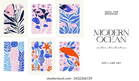 Underwater world, ocean, sea, fish and shells vertical flyer or poster template. Modern trendy Matisse minimal style. Hand drawn design for wallpaper, wall decor, print, postcard, cover, template.