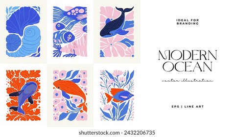 Underwater world, ocean, sea, fish and shells vertical flyer or poster template. Modern trendy Matisse minimal style. Hand drawn design for wallpaper, wall decor, print, postcard, cover, template.