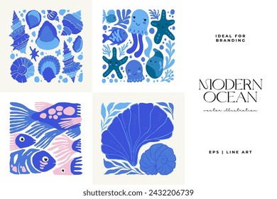 Underwater world, ocean, sea, fish and shells vertical flyer or poster template. Modern trendy Matisse minimal style. Hand drawn design for wallpaper, wall decor, print, postcard, cover, template.