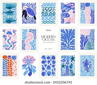 Mundo submarino, océano, mar, peces y conchas volante vertical o plantilla de póster. Moderno estilo minimalista Matisse de moda. Diseño dibujado a mano para papel pintado, decoración de la pared, impresión, postal, cubierta, plantilla.