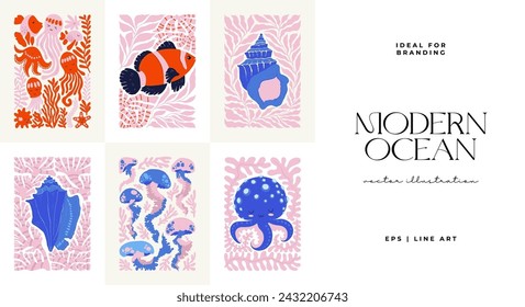 Underwater world, ocean, sea, fish and shells vertical flyer or poster template. Modern trendy Matisse minimal style. Hand drawn design for wallpaper, wall decor, print, postcard, cover, template.