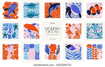 Underwater world, ocean, sea, fish and shells vertical flyer or poster template. Modern trendy Matisse minimal style. Hand drawn design for wallpaper, wall decor, print, postcard, cover, template.