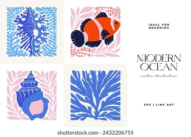 Underwater world, ocean, sea, fish and shells vertical flyer or poster template. Modern trendy Matisse minimal style. Hand drawn design for wallpaper, wall decor, print, postcard, cover, template.