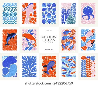 Mundo submarino, océano, mar, peces y conchas volante vertical o plantilla de póster. Moderno estilo minimalista Matisse de moda. Diseño dibujado a mano para papel pintado, decoración de la pared, impresión, postal, cubierta, plantilla.