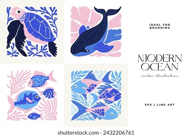 Mundo submarino, océano, mar, peces y conchas volante vertical o plantilla de póster. Moderno estilo minimalista Matisse de moda. Diseño dibujado a mano para papel pintado, decoración de la pared, impresión, postal, cubierta, plantilla.