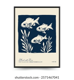 Underwater world, ocean, sea, fish and shells vertical flyer or poster template. Modern trendy Matisse minimal style. Hand drawn design for wallpaper, wall decor, print, postcard, cover, template