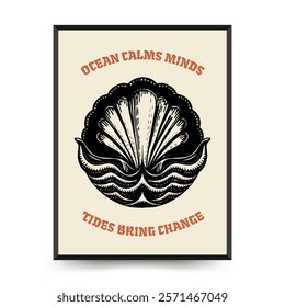 Underwater world, ocean, sea, fish and shells vertical flyer or poster template. Modern trendy Matisse minimal style. Hand drawn design for wallpaper, wall decor, print, postcard, cover, template