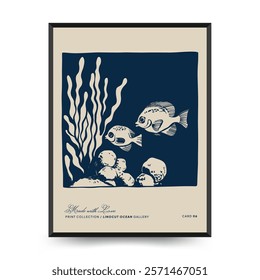 Underwater world, ocean, sea, fish and shells vertical flyer or poster template. Modern trendy Matisse minimal style. Hand drawn design for wallpaper, wall decor, print, postcard, cover, template