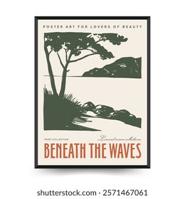 Underwater world, ocean, sea, fish and shells vertical flyer or poster template. Modern trendy Matisse minimal style. Hand drawn design for wallpaper, wall decor, print, postcard, cover, template