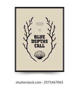 Underwater world, ocean, sea, fish and shells vertical flyer or poster template. Modern trendy Matisse minimal style. Hand drawn design for wallpaper, wall decor, print, postcard, cover, template