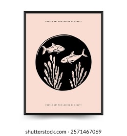 Underwater world, ocean, sea, fish and shells vertical flyer or poster template. Modern trendy Matisse minimal style. Hand drawn design for wallpaper, wall decor, print, postcard, cover, template