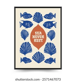 Underwater world, ocean, sea, fish and shells vertical flyer or poster template. Modern trendy Matisse minimal style. Hand drawn design for wallpaper, wall decor, print, postcard, cover, template