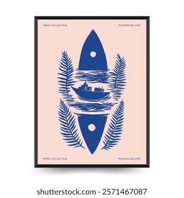 Underwater world, ocean, sea, fish and shells vertical flyer or poster template. Modern trendy Matisse minimal style. Hand drawn design for wallpaper, wall decor, print, postcard, cover, template