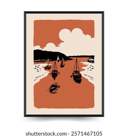 Underwater world, ocean, sea, fish and shells vertical flyer or poster template. Modern trendy Matisse minimal style. Hand drawn design for wallpaper, wall decor, print, postcard, cover, template