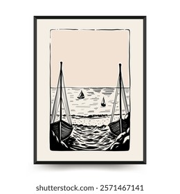 Underwater world, ocean, sea, fish and shells vertical flyer or poster template. Modern trendy Matisse minimal style. Hand drawn design for wallpaper, wall decor, print, postcard, cover, template
