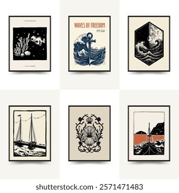 Underwater world, ocean, sea, fish and shells vertical flyer or poster template. Modern trendy Matisse minimal style. Hand drawn design for wallpaper, wall decor, print, postcard, cover, template.