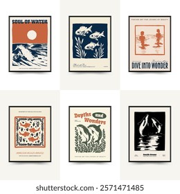 Underwater world, ocean, sea, fish and shells vertical flyer or poster template. Modern trendy Matisse minimal style. Hand drawn design for wallpaper, wall decor, print, postcard, cover, template.