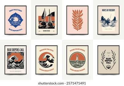 Underwater world, ocean, sea, fish and shells vertical flyer or poster template. Modern trendy Matisse minimal style. Hand drawn design for wallpaper, wall decor, print, postcard, cover, template.