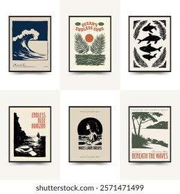 Underwater world, ocean, sea, fish and shells vertical flyer or poster template. Modern trendy Matisse minimal style. Hand drawn design for wallpaper, wall decor, print, postcard, cover, template.