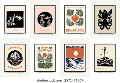 Underwater world, ocean, sea, fish and shells vertical flyer or poster template. Modern trendy Matisse minimal style. Hand drawn design for wallpaper, wall decor, print, postcard, cover, template.
