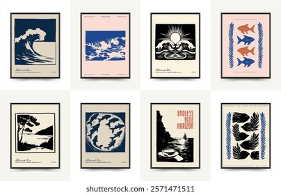 Underwater world, ocean, sea, fish and shells vertical flyer or poster template. Modern trendy Matisse minimal style. Hand drawn design for wallpaper, wall decor, print, postcard, cover, template.