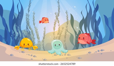  O mundo subaquático do oceano, mar com vida marinha. Estilo plano vetorial. Peixes coloridos, águas-vivas submersas cercadas por algas.