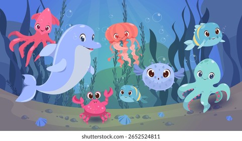 O mundo subaquático do oceano, mar com vida marinha. Estilo plano vetorial. Peixes coloridos, águas-vivas submersas cercadas por algas.