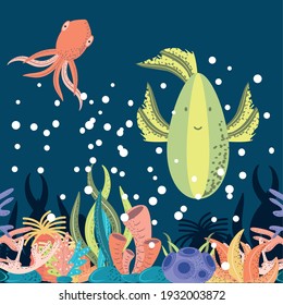 underwater world octopus fish coral reef algae bubbles vector cartoon illustration