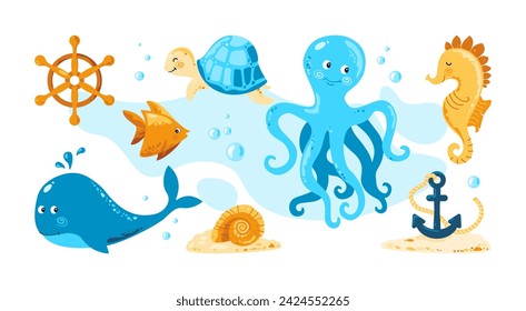 Underwater world. Octopus, fish, seahorse, shell, whale, anchor. Ocean life. Marine set with sea creatures for girls and boys, baby shower, birthday, greeting cards
