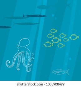 Underwater world. Octopus and fish.Vector illustration