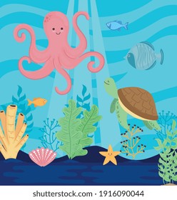 underwater world with octopus seascape scene vector illustration design