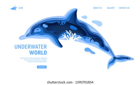 Underwater world page template with dolphin silhouette. Paper art sea background with dolphin, waves and coral reefs. Paper cut vector illustration
