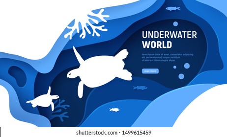 Underwater world page template. Paper art underwater world concept with turtles silhouette. Paper cut sea background with tortoise, waves, fish and coral reefs. Craft vector illustration