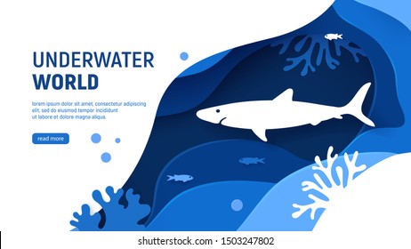 Underwater world page template. Paper art underwater world concept with shark  silhouette. Paper cut sea background with shark, waves, fish and coral reefs. Craft vector illustration