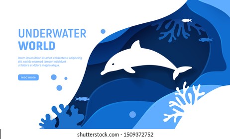 Underwater world page template. Paper art underwater world concept with dolphin silhouette. Paper cut sea background with dolphin, waves, fish and coral reefs. Craft vector illustration