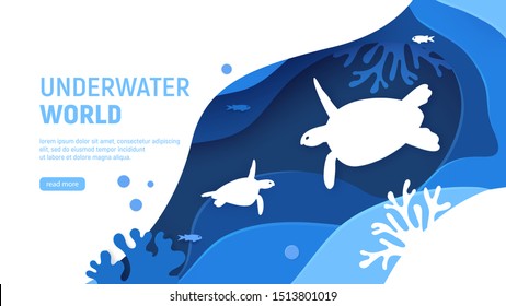 Underwater world page template. Paper art underwater world concept with turtles silhouette. Paper cut sea background with tortoise, waves, fish and coral reefs. Craft vector illustration