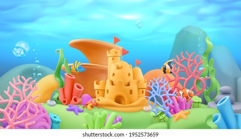 Underwater world panorama landscape. 3d vector cartoon background. Plasticine art illustration