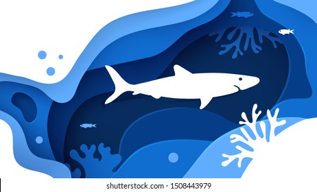 Underwater world. Paper art underwater ocean concept with shark silhouette. Paper cut sea background with shark, waves, fish and coral reefs. Save the ocean. Craft vector illustration