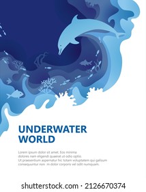 Underwater world paper, beautiful vector background with dolphin, fish and corals 