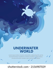 Underwater world paper, beautiful vector background with turtle, fish and corals	
