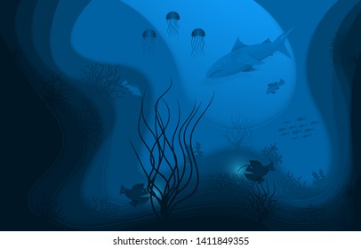 Underwater world, paper style Kraft, underwater ocean life. Deep-sea fish and algae. Vector