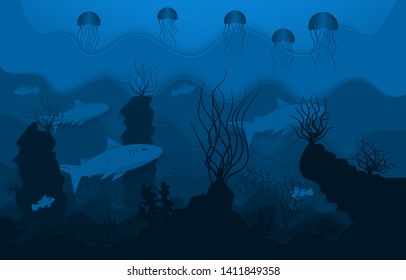 Underwater world, paper style Kraft, underwater ocean life. Deep-sea fish and algae. Vector
