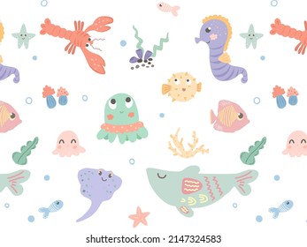 Underwater world pattern. Cartoon underwater characters. Whale, fish, starfish, octopus. Hand-drawn pattern for children's textiles, wallpapers, fabrics.

