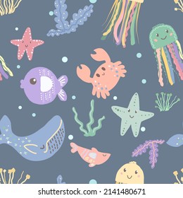 Underwater world pattern. Cartoon inhabitants of the ocean. Fish, jellyfish and starfish on the pattern.

