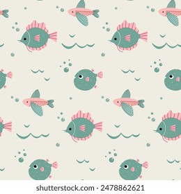 Underwater world pattern. Funny fish. Seamless endless background. Baby print for clothes, textiles, wallpaper, baby shower.